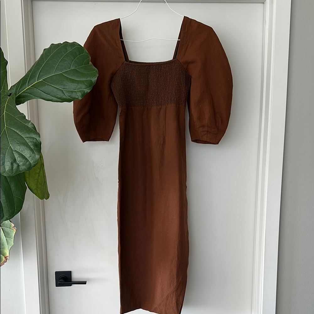 OAK + FORT Brown linen midi Dress with Puff Sleeves and Square Neck